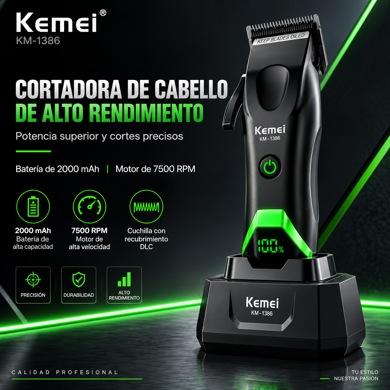 Cortadora De Pelo Kemei 7.500 Rpm Km-1386 - Imagen 2